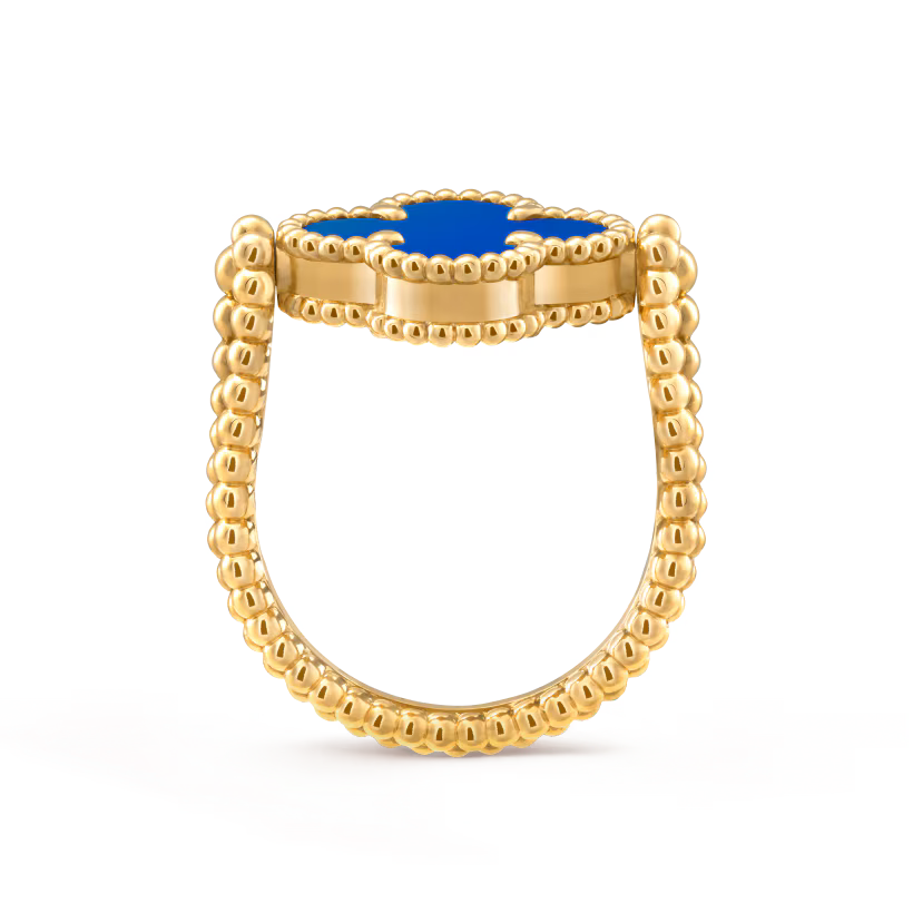 Vintage Alhambra reversible ring, guilloché 18k yellow gold, blue agate, diamond
