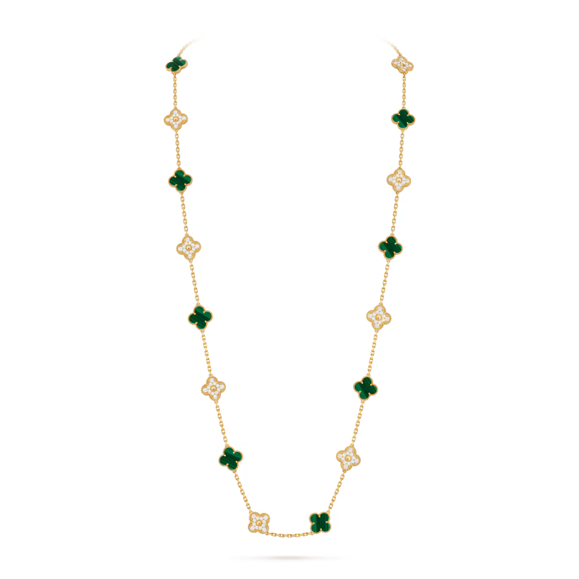 Vintage Alhambra long necklace, 20 motifs, 18K yellow gold, malachite, round diamonds
