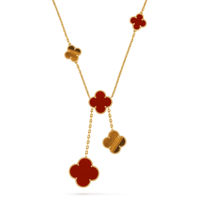 Magic Alhambra necklace, 6 motifs, 18K yellow gold, carnelian, tiger’s eye.