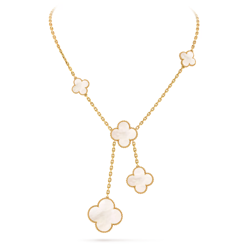 Magic Alhambra necklace, 6 motifs, 18K yellow gold, white mother-of-pearl.