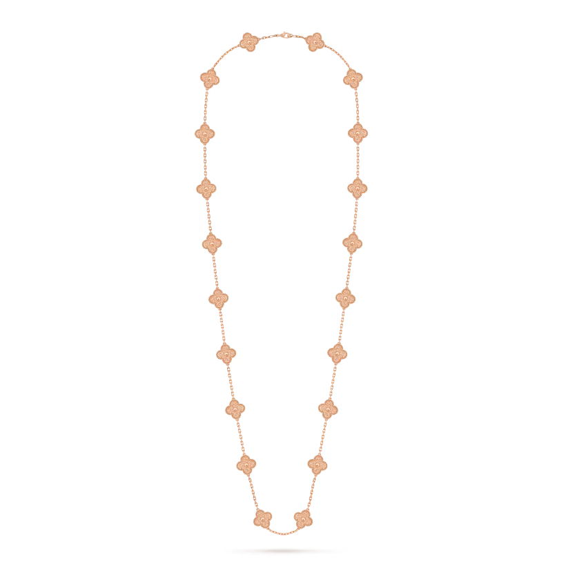 Vintage Alhambra long necklace, 20 motifs, textured 18K rose gold.