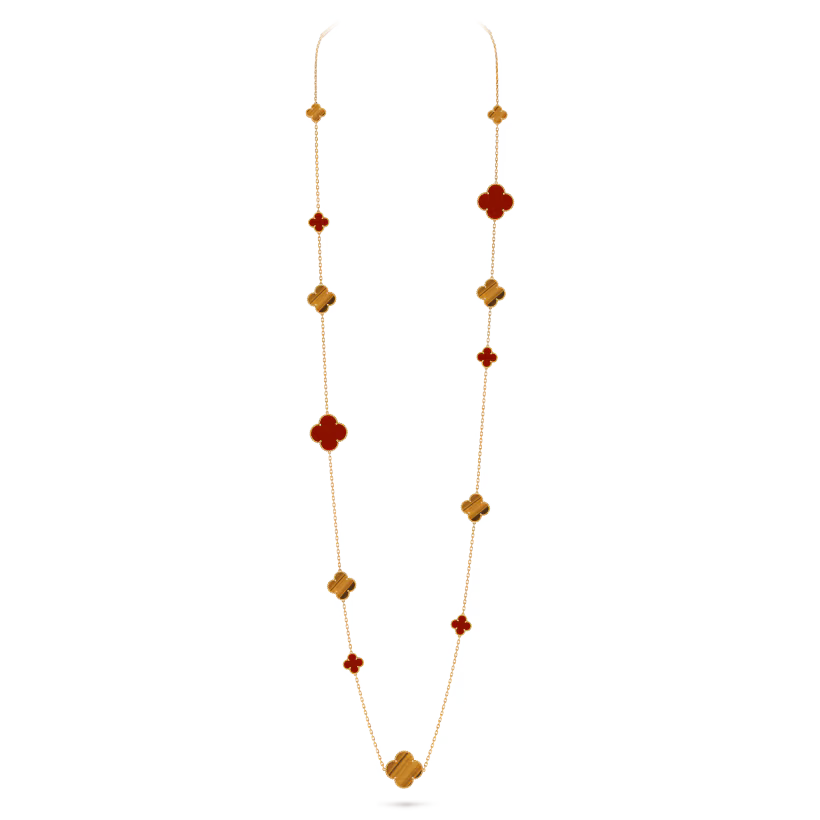 Magic Alhambra long necklace, 16 motifs, 18K yellow gold, carnelian, tiger’s eye.