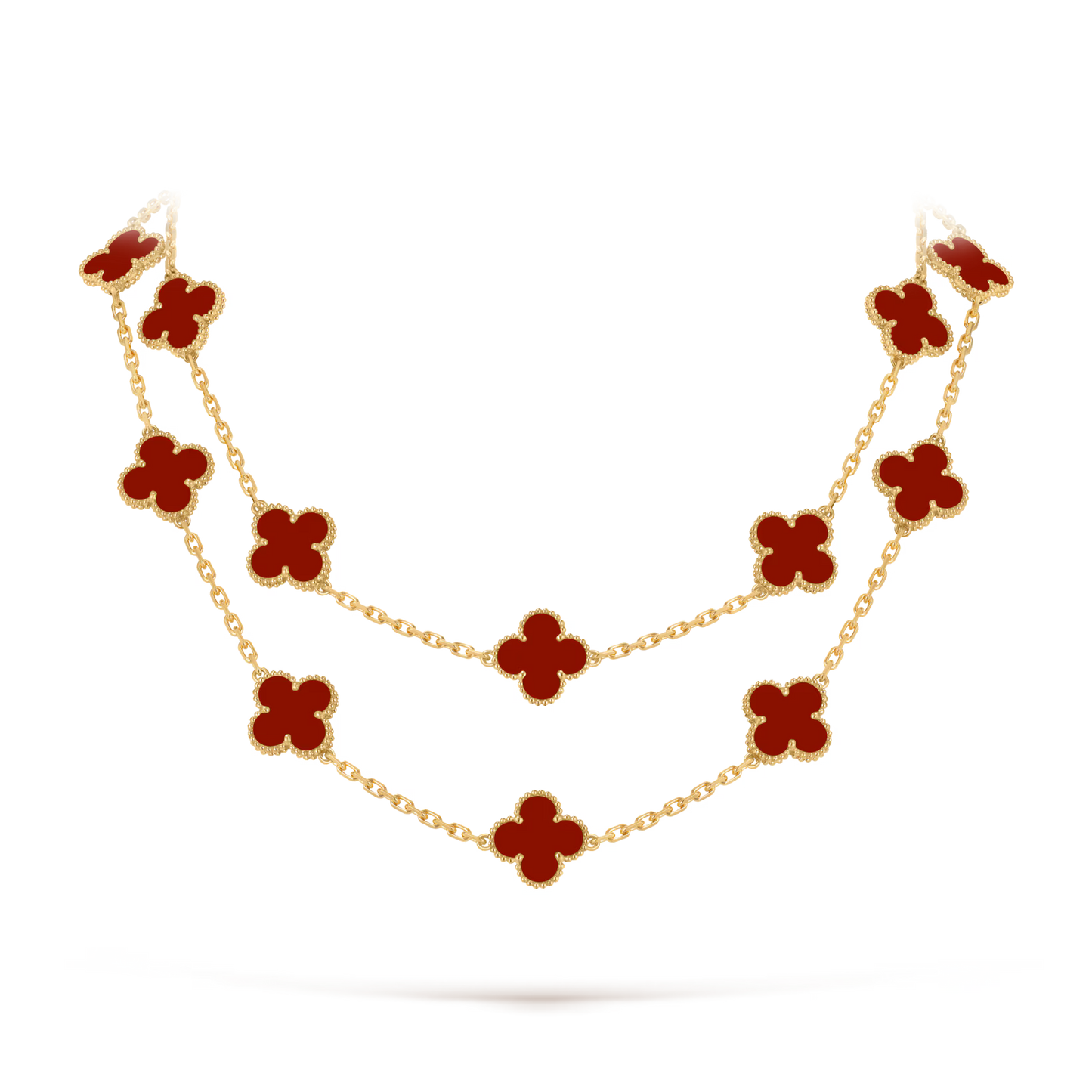 Vintage Alhambra long necklace, 20 motifs, 18K yellow gold, carnelian.