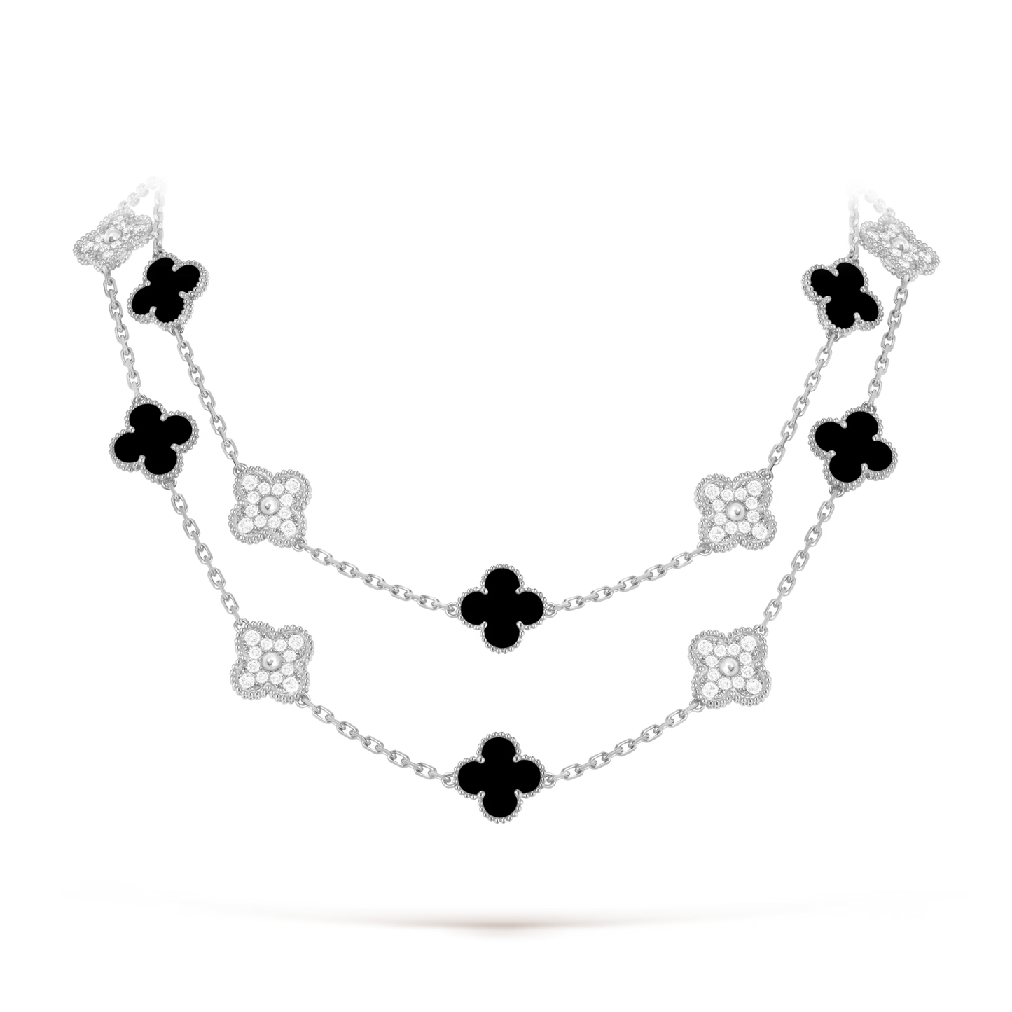 Vintage Alhambra long necklace, 20 motifs, rhodium plated 18K white gold, onyx, round diamonds