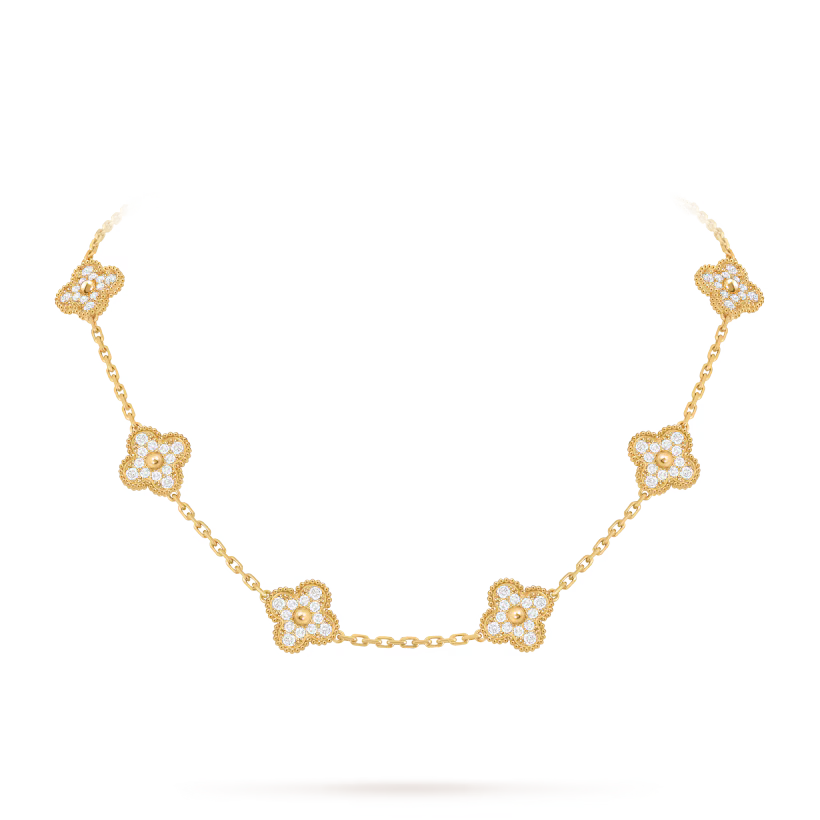 Vintage Alhambra necklace, 10 motifs, 18K yellow gold, round diamonds