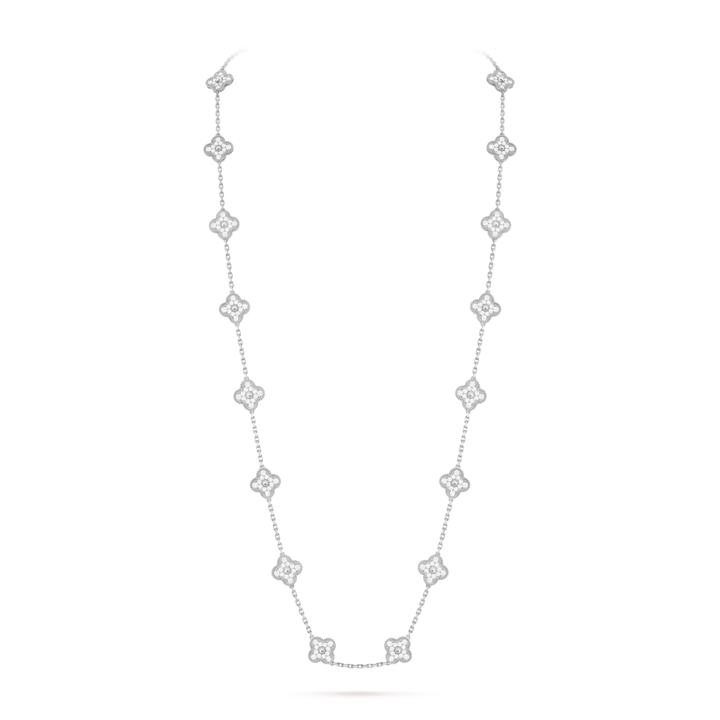 Vintage Alhambra long necklace, 20 motifs, rhodium plated 18K white gold, round diamonds