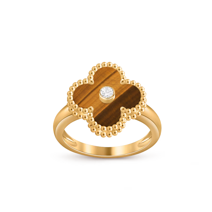 Vintage Alhambra ring, 18K yellow gold, tiger’s eye, round diamond