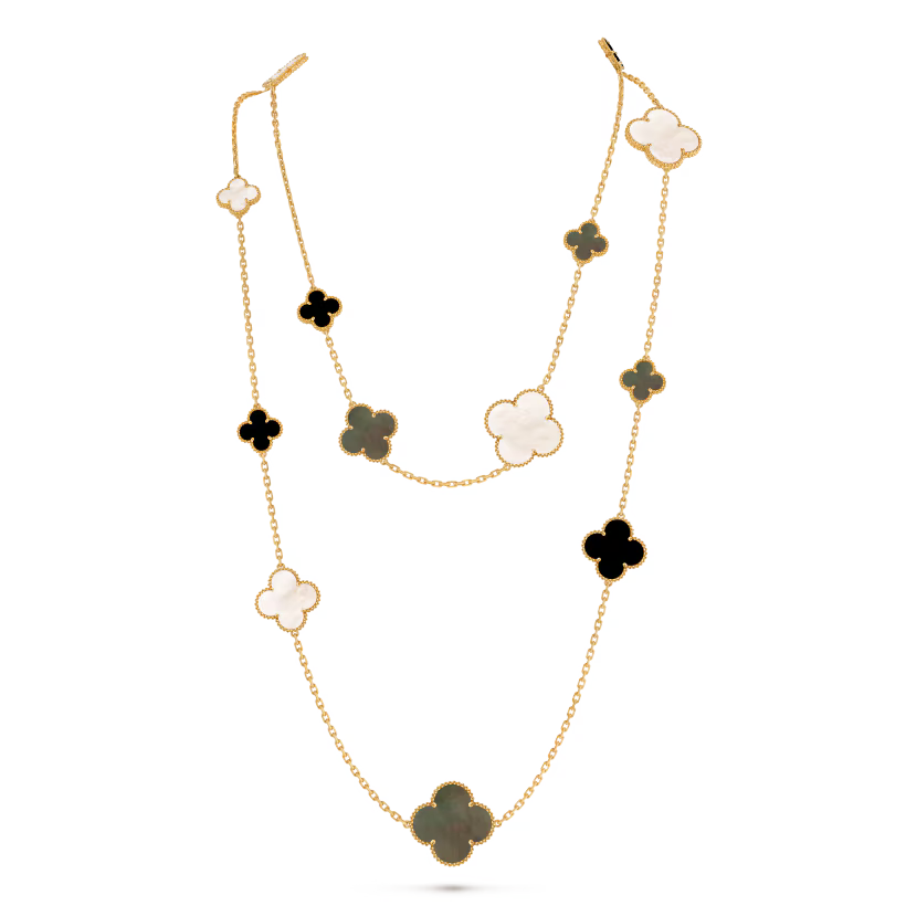 Magic Alhambra long necklace, 16 motifs, 18K yellow gold, white and gray mother-of-pearl, onyx.