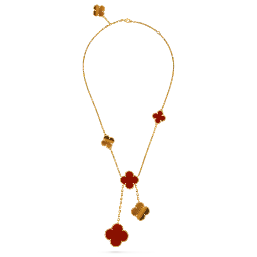 Magic Alhambra necklace, 6 motifs, 18K yellow gold, carnelian, tiger’s eye.