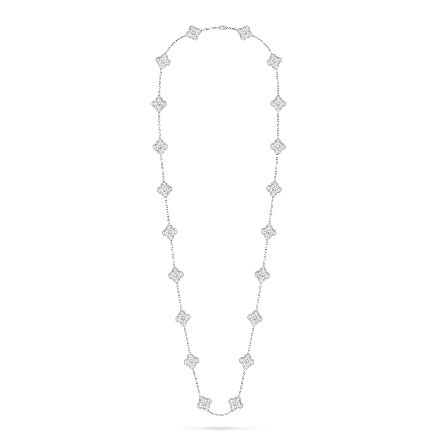 Vintage Alhambra long necklace, 20 motifs, rhodium plated 18K white gold, round diamonds