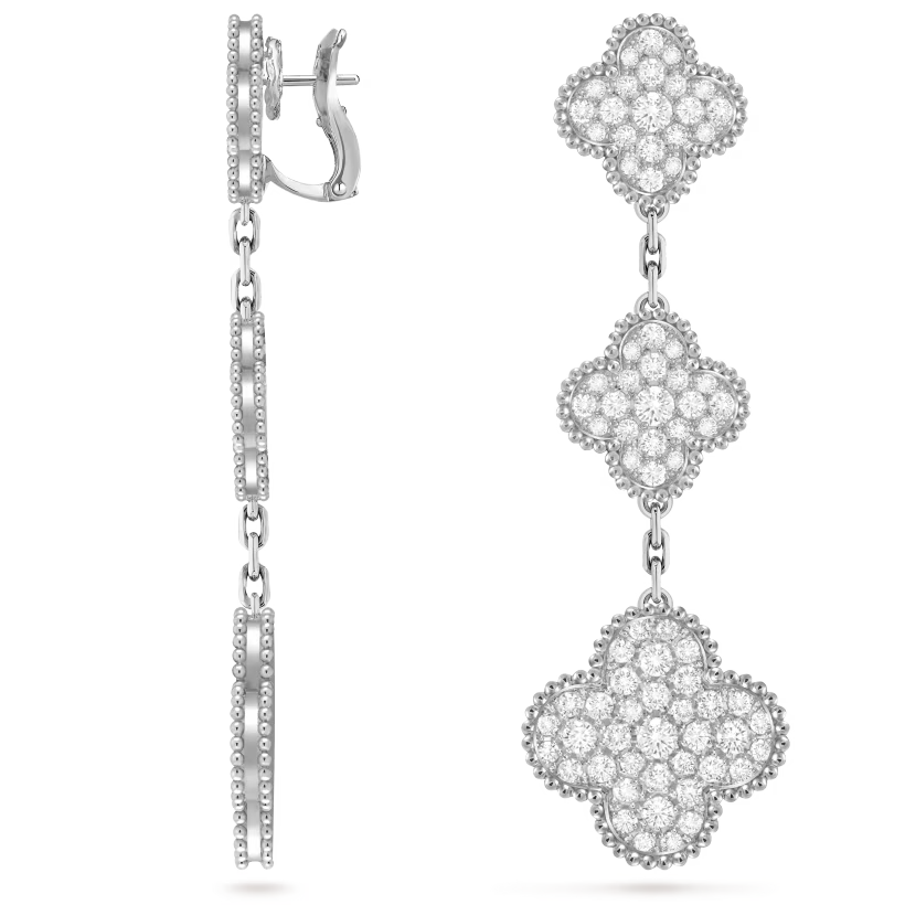 Magic Alhambra earrings, 3 motifs, rhodium plated 18K white gold, round diamonds