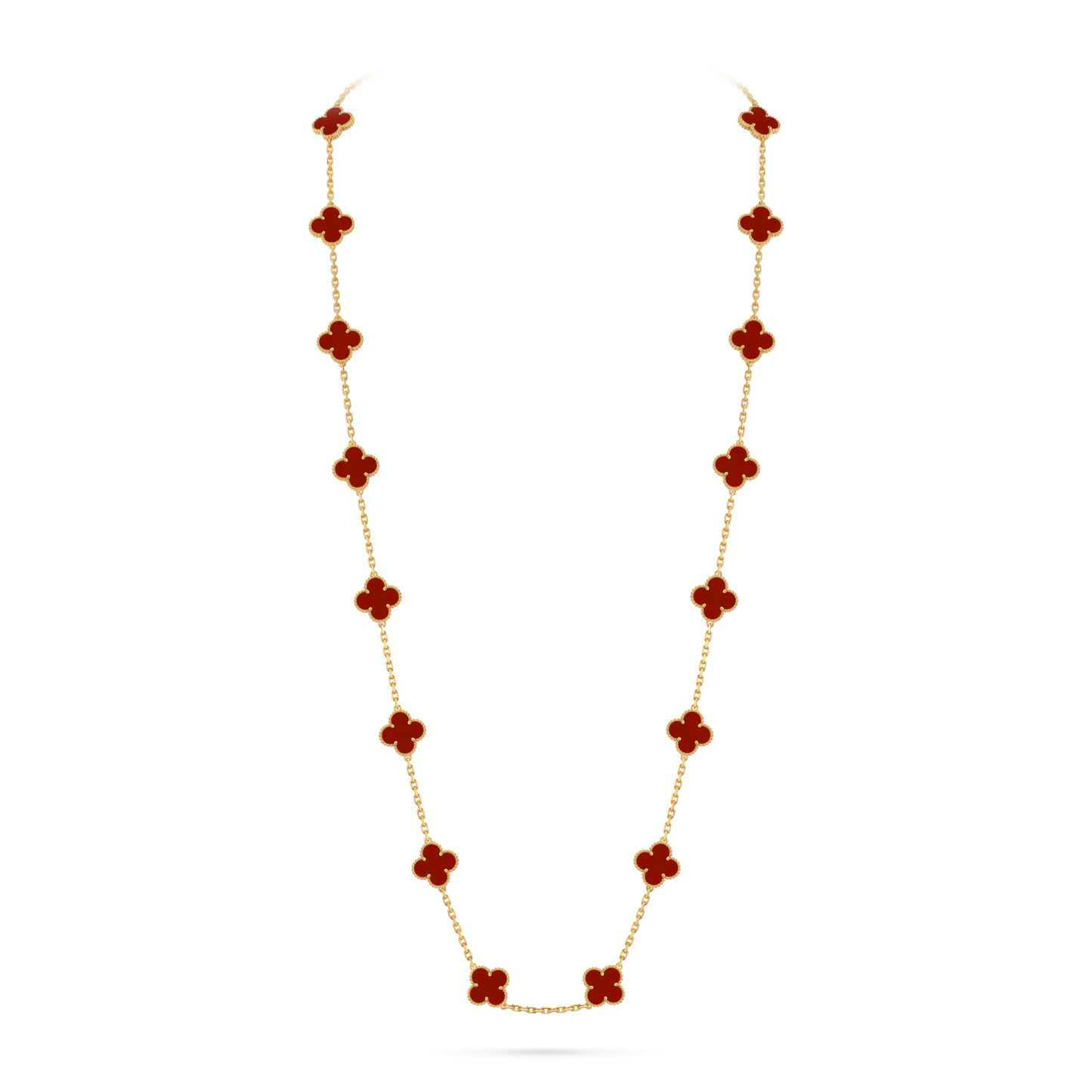 Vintage Alhambra long necklace, 20 motifs, 18K yellow gold, carnelian.