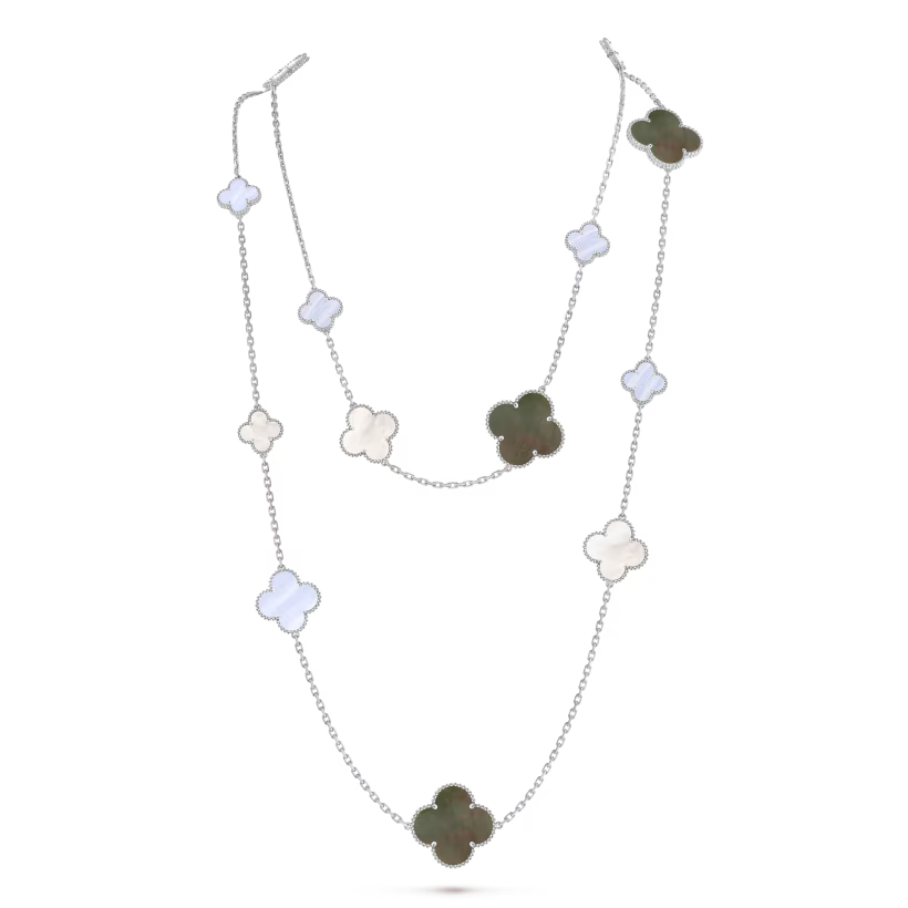 Magic Alhambra long necklace, 16 motifs, rhodium plated 18K white gold, white and gray mother-of-pearl, chalcedony.