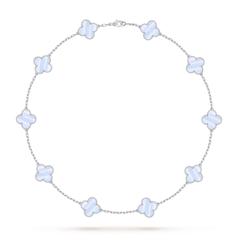 Vintage Alhambra necklace, 10 motifs, rhodium plated 18K white gold, chalcedony.