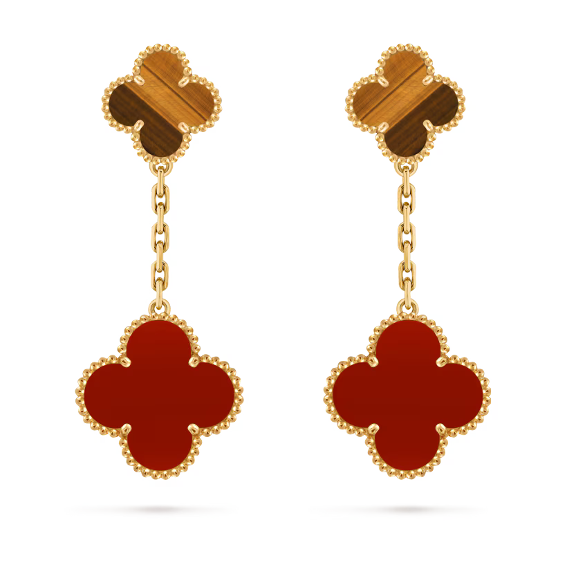 Magic Alhambra earrings, 2 motifs, 18K yellow gold, tiger’s eye, carnelian.