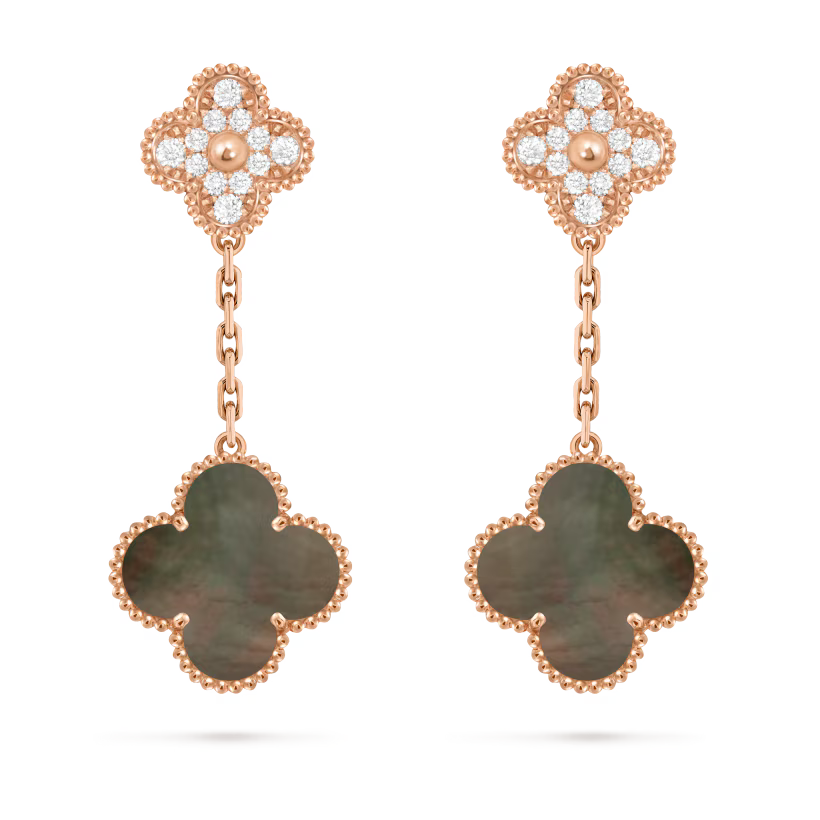Magic Alhambra earrings, 2 motifs, 18K rose gold, gray mother-of-pearl, round diamonds