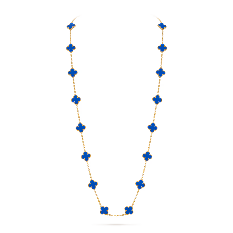 Vintage Alhambra long necklace, 20 motifs, 18K yellow gold, blue agate.