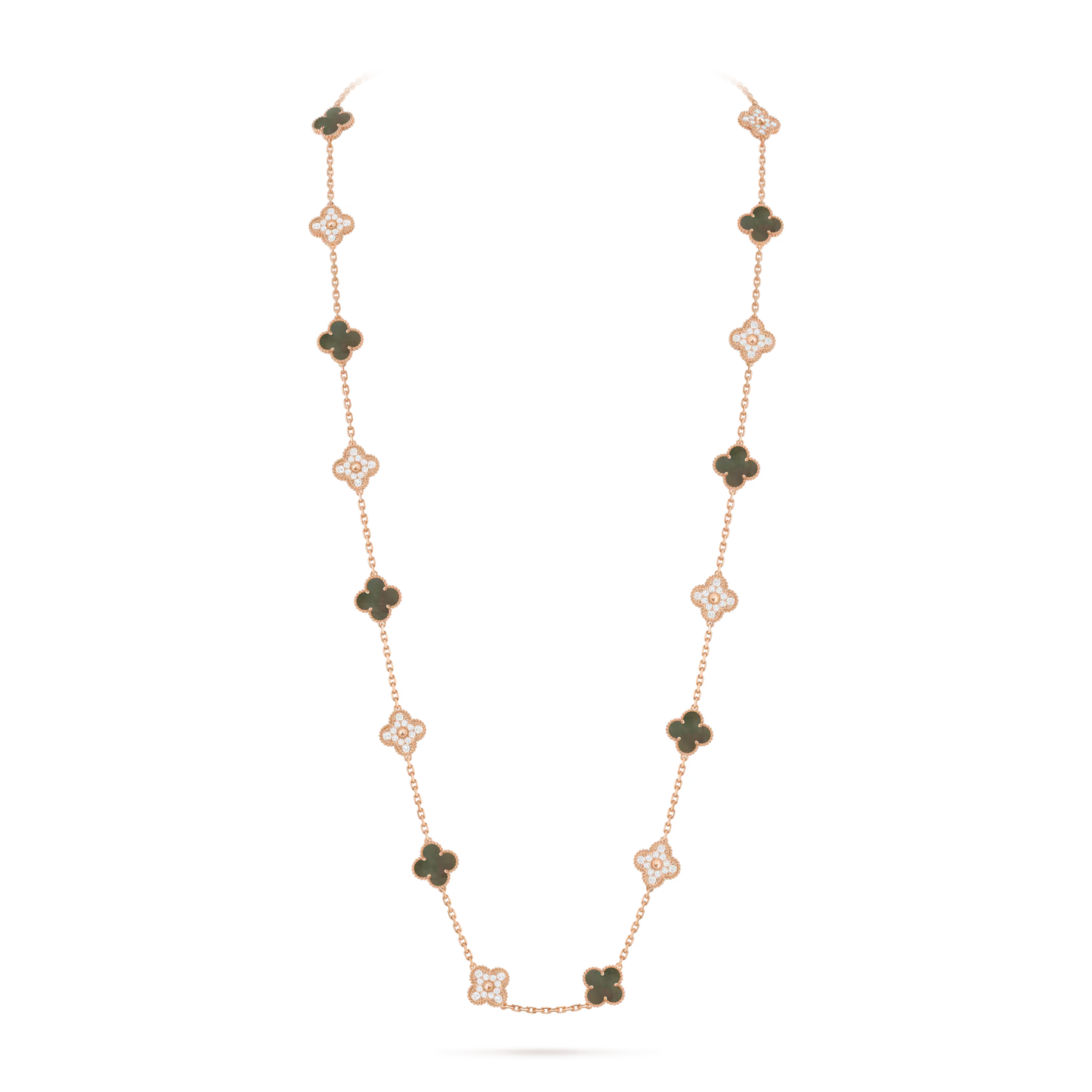 Vintage Alhambra long necklace, 20 motifs, 18K rose gold, gray mother-of-pearl, round diamonds