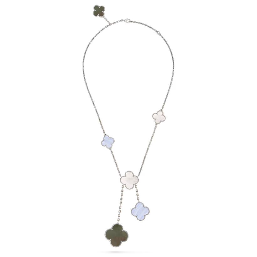 Magic Alhambra necklace, 6 motifs, rhodium plated 18K white gold, white and gray mother-of-pearl, chalcedony.