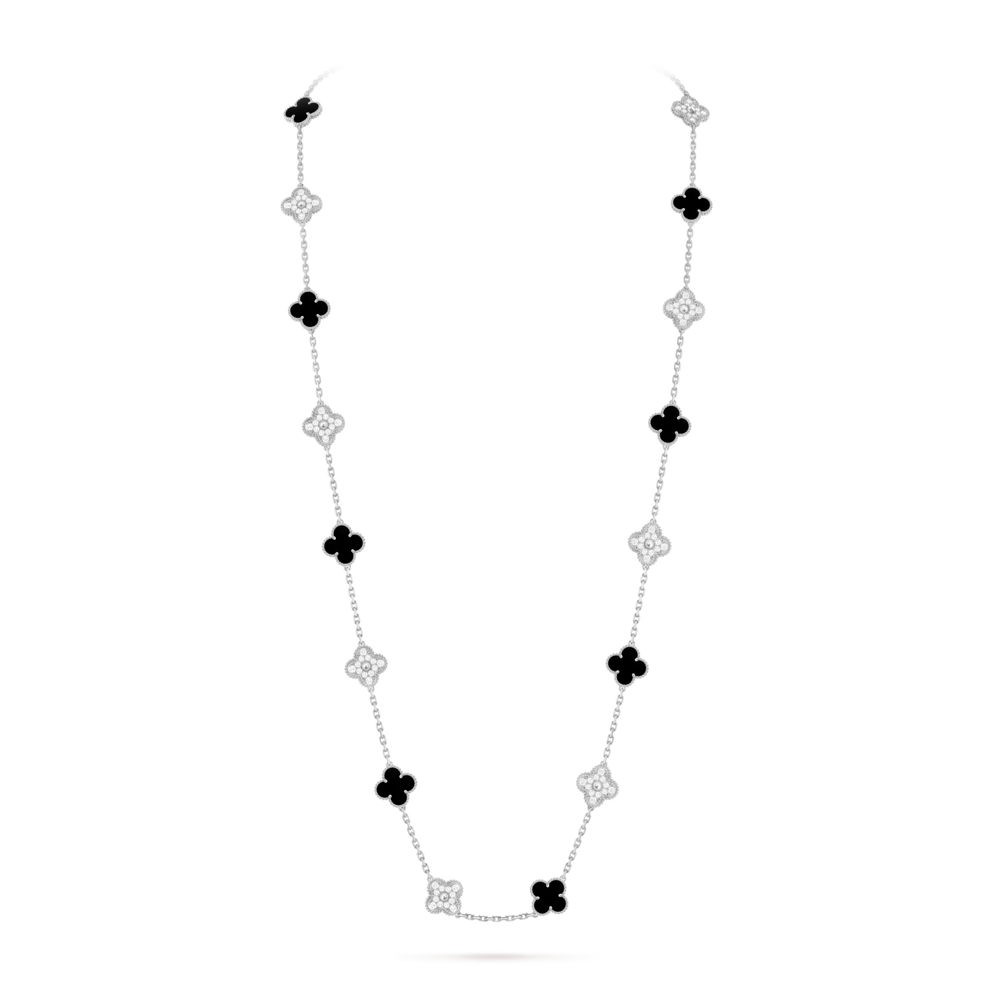 Vintage Alhambra long necklace, 20 motifs, rhodium plated 18K white gold, onyx, round diamonds