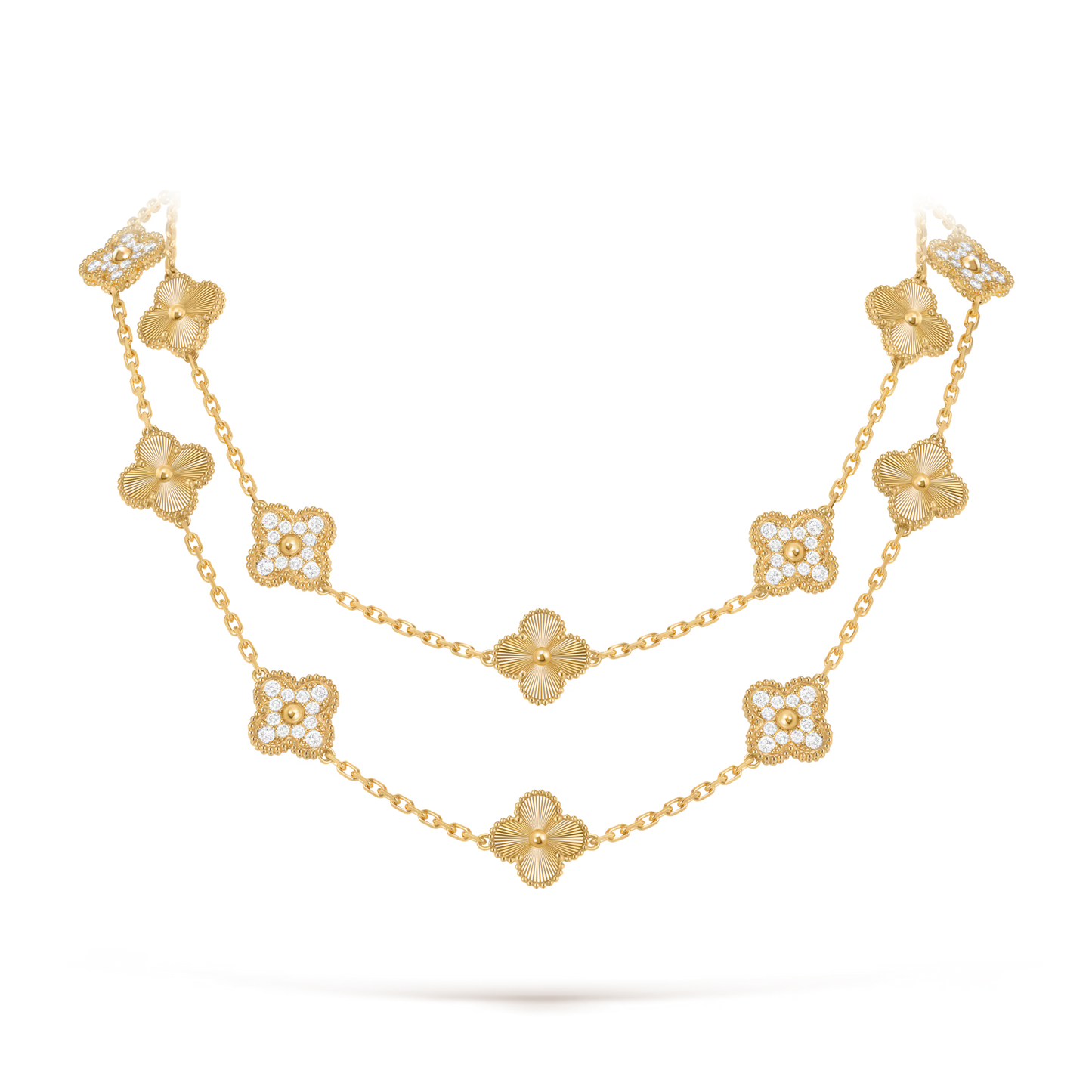 Vintage Alhambra long necklace, 20 motifs, guilloché 18K yellow gold, round diamonds