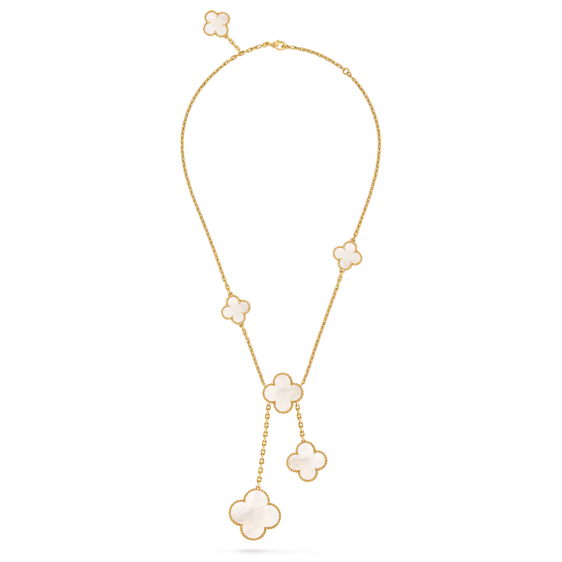 Magic Alhambra necklace, 6 motifs, 18K yellow gold, white mother-of-pearl.