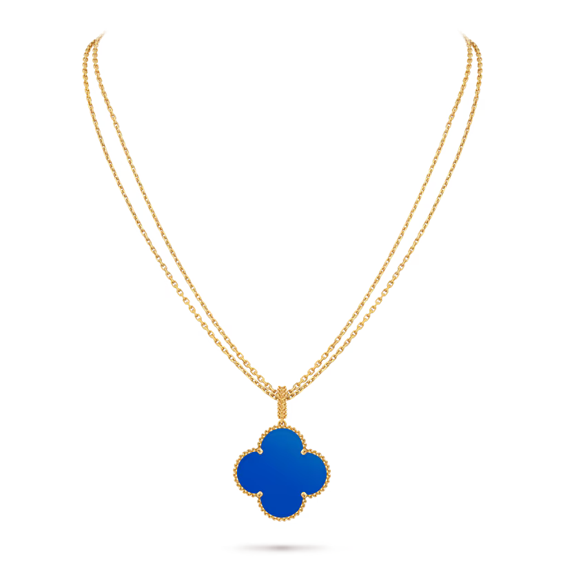 Magic Alhambra long necklace, 1 motif, 18K yellow gold, blue agate.
