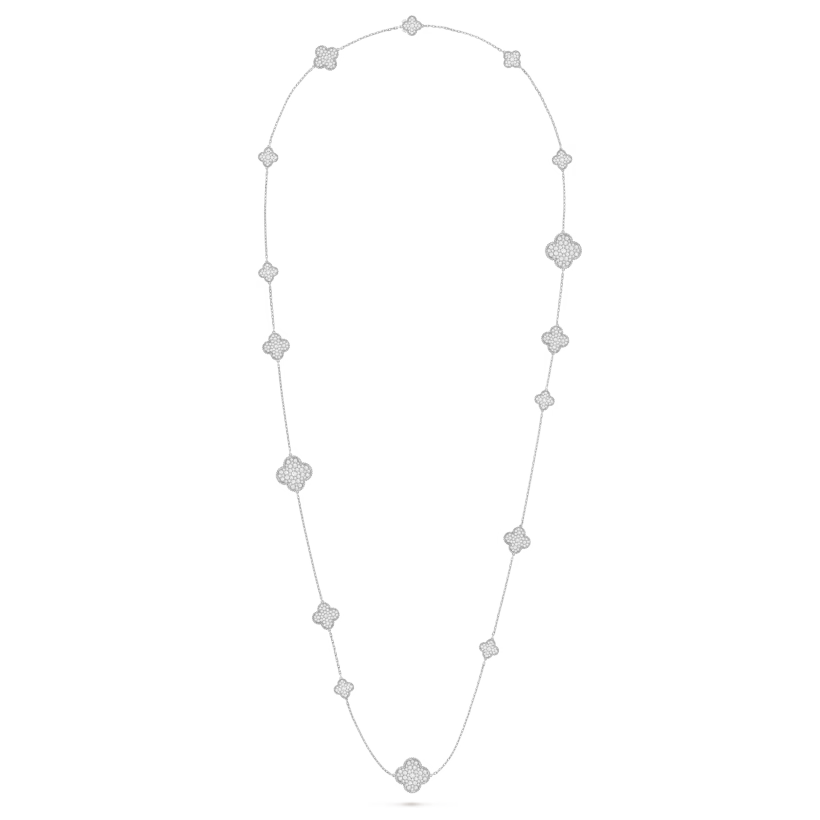 Magic Alhambra long necklace, 16 motifs, rhodium plated 18K white gold, round diamonds