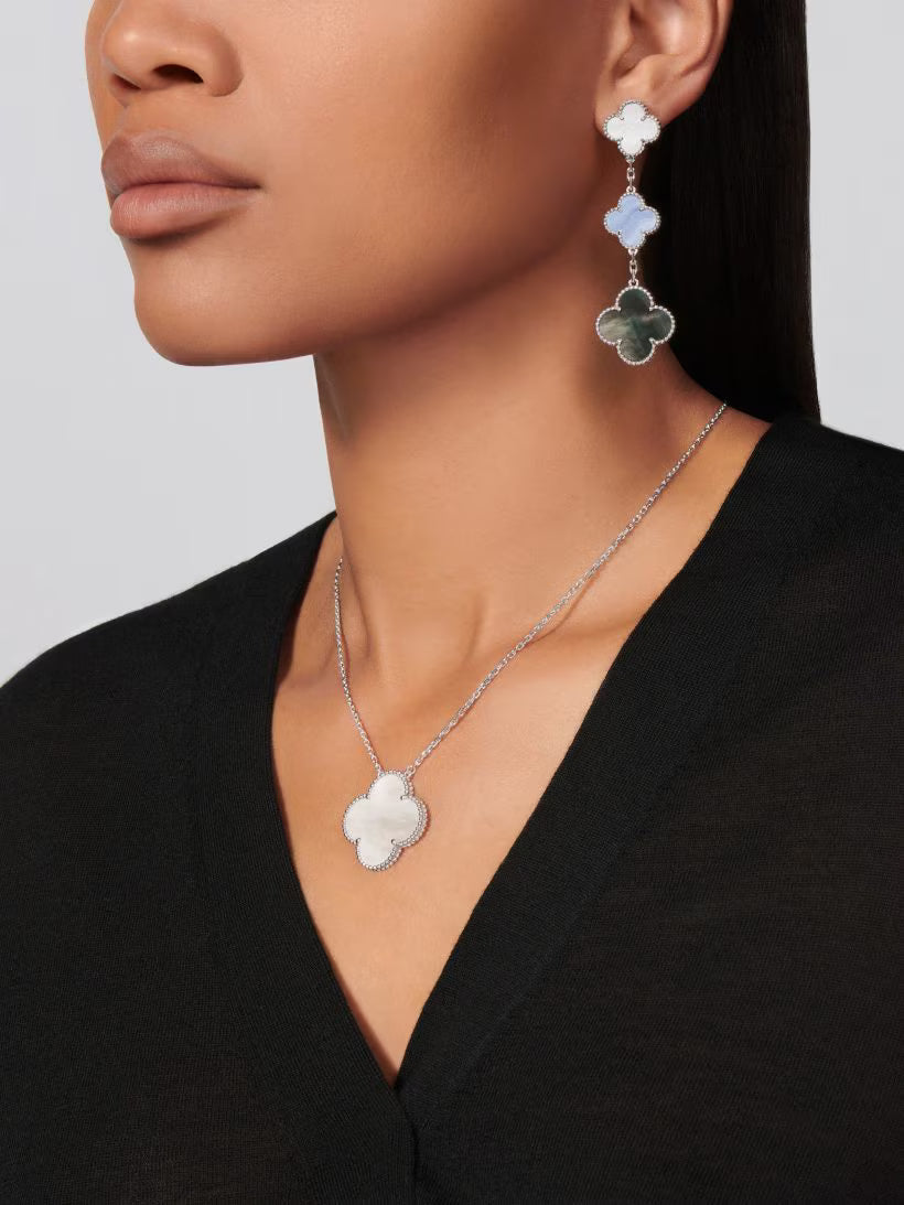 Magic Alhambra earrings, 3 motifs, rhodium plated 18K white gold, white and gray mother-of-pearl, chalcedony.