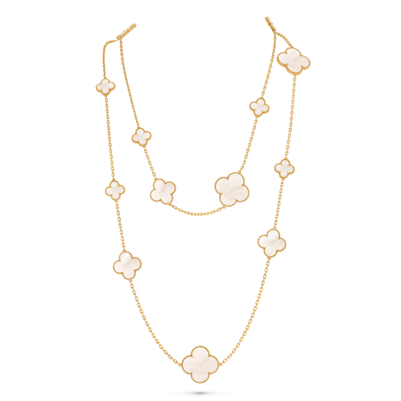 Magic Alhambra long necklace, 16 motifs, 18K yellow gold, white mother-of-pearl.