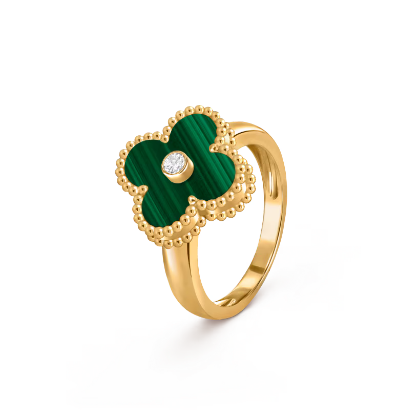 Vintage Alhambra ring, 18K yellow gold, malachite, round diamond