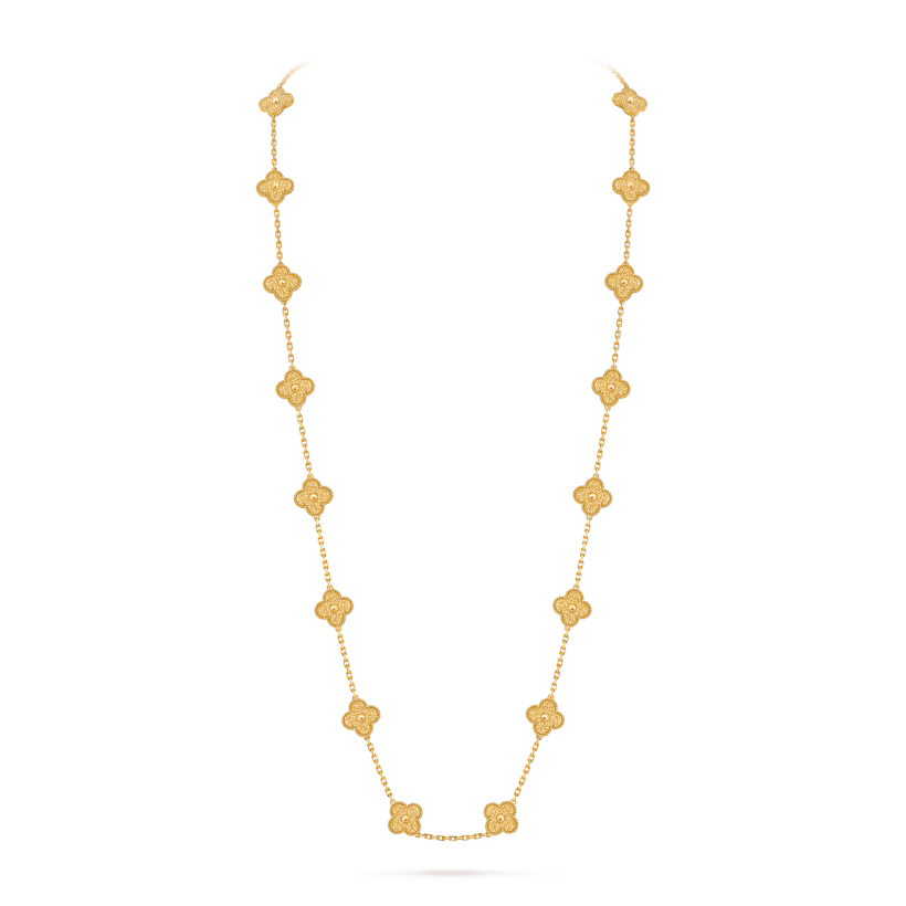 Vintage Alhambra long necklace, 20 motifs, textured 18K yellow gold.
