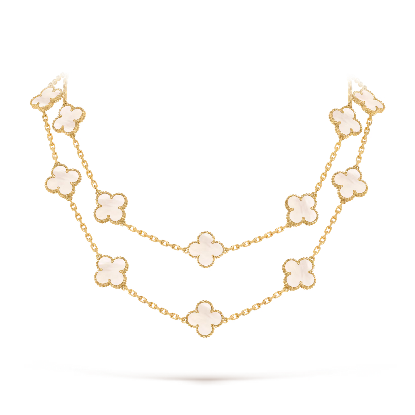 Vintage Alhambra long necklace, 20 motifs, 18K yellow gold, white mother-of-pearl.